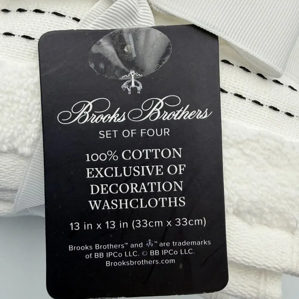 Brooks Brothers 100% Cotton Washcloths Set of 4 White Black Stitch 13x13
